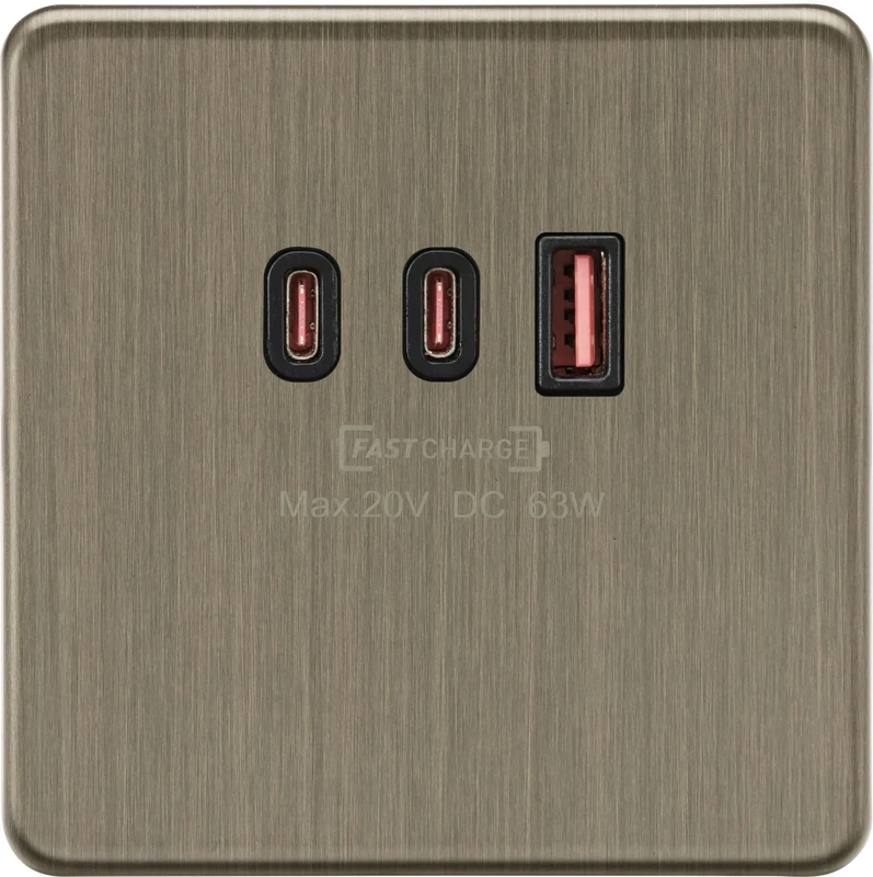 Knightsbridge 1G Dual USB-C and USB-A Charger Plate [20V DC 63W] - Antique Brass