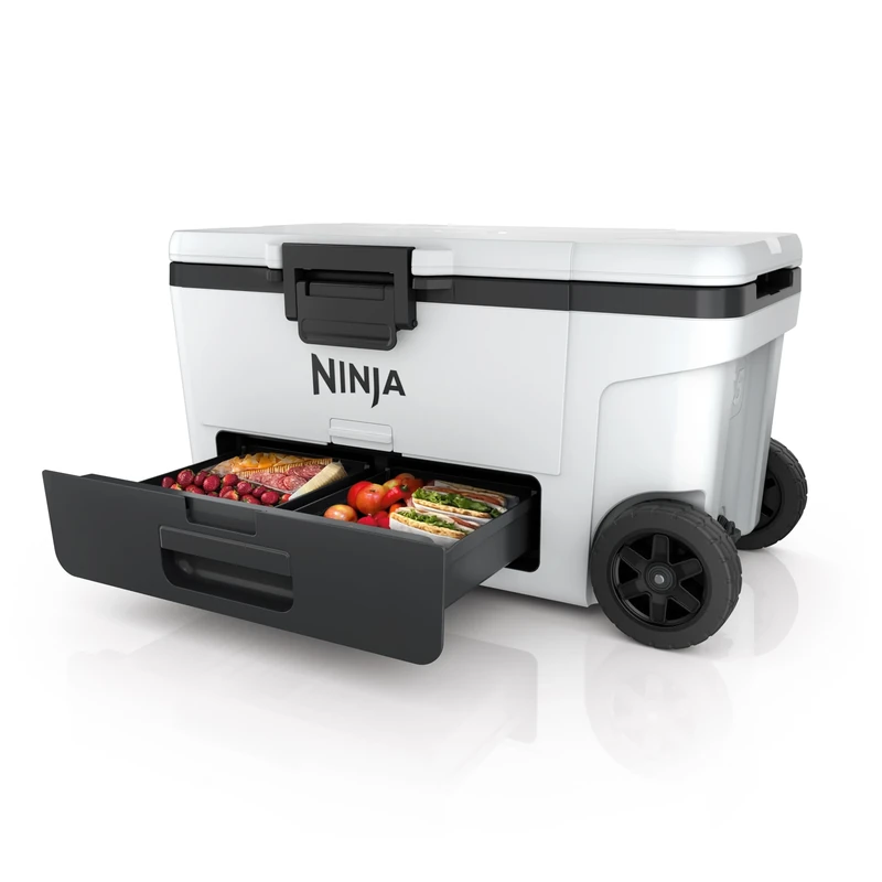 Ninja FrostVault Heavy-Duty Insulated Cool Box, Wheeled Premium Cooler with Dry Zone Integrated Fridge-Temp Dry Storage Drawer, Keeps Ice for Days, Fits up to 97 Cans, Cloud White FB265EUUKWH