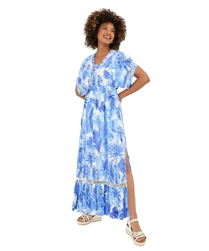 Joe Browns Women's Fashion Tropical Print Kimono Sleeve Boho Tassel Maxi Dress, Regular Fit, Blue, UK 10