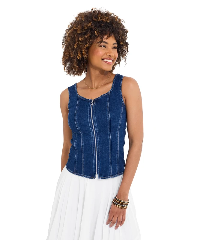 Joe Browns Women's Sleeveless Stretch Denim Zip Front Top Blouse, Blue, 16