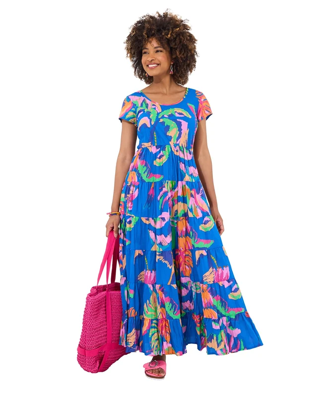 Joe Browns Women's Tropical Print Crinkle Cotton Dress, Blue, 10