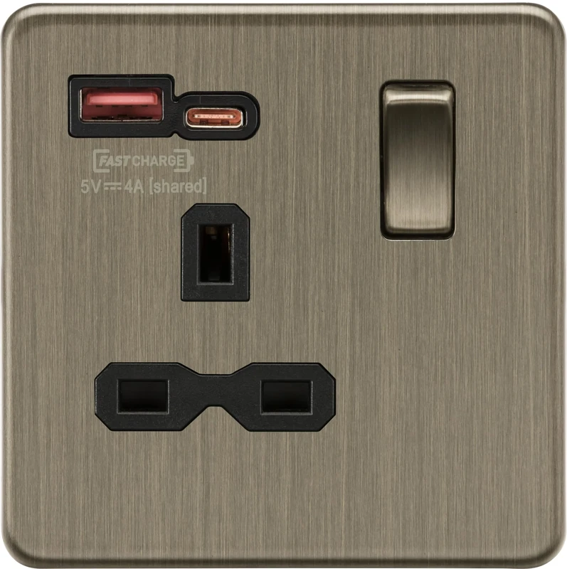 Knightsbridge 13A 1G Switched Socket with dual USB A+C [18W FASTCHARGE] - Antique Brass
