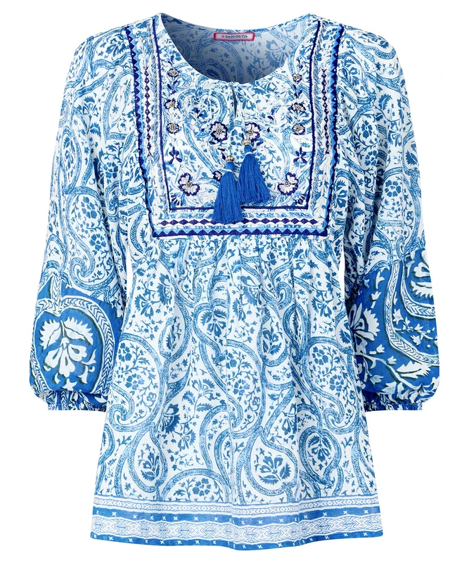 Joe Browns Women's Fashion Embroidered Bib Balloon Sleeve Boho Top, Regular Fit, Blue, UK 14