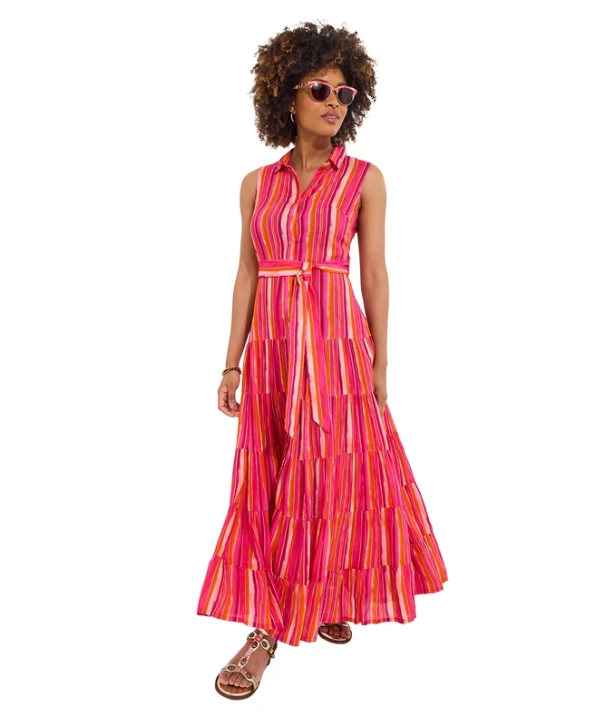 Joe Browns Women's Petite Fashion Striped Sleeveless Button Through Maxi Shirt Dress, Regular Fit, Pink, UK 16 Petite