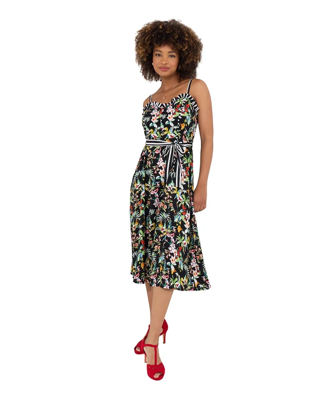Joe Browns Women's Tropical Print Tie Waist Contrast Strap Dress, Black, 16
