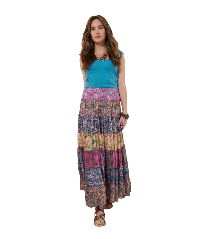 Joe Browns Women's Fashion Shirred Waist Paisley Tiered Maxi Skirt, Regular Fit, Pink, UK 18