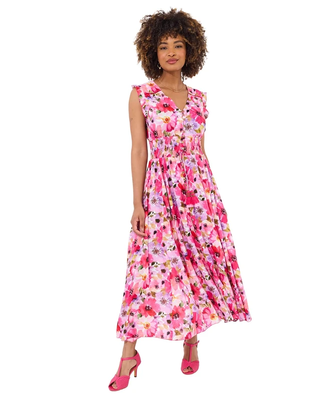 Joe Browns Women's Sequin Embellished Shirred Waist Floral Maxi Dress, Pink, 8/Petite