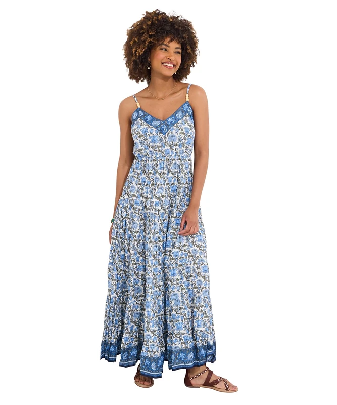 Joe Browns Women's Fashion Border Print V-Neck Strappy Crinkle Cotton Maxi Sundress, Regular Fit, Blue, UK 18