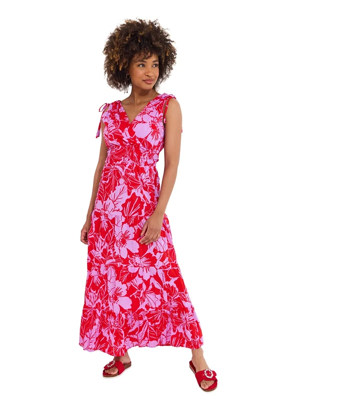 Joe Browns Women's Petite Fashion Floral Print Sleeveless Tie Shoulder Cotton Maxi Dress, Regular Fit, Red, UK 6 Petite