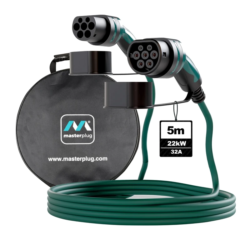 Masterplug Mode 3 EV Fast Charging Cable with Carry Case, Three Phase, Electric and Plug-in Hybrid Vehicle Car Type 2 to Type 2, 5 Metre Cable, 22kW, 32A, EVC22325TL/CASE