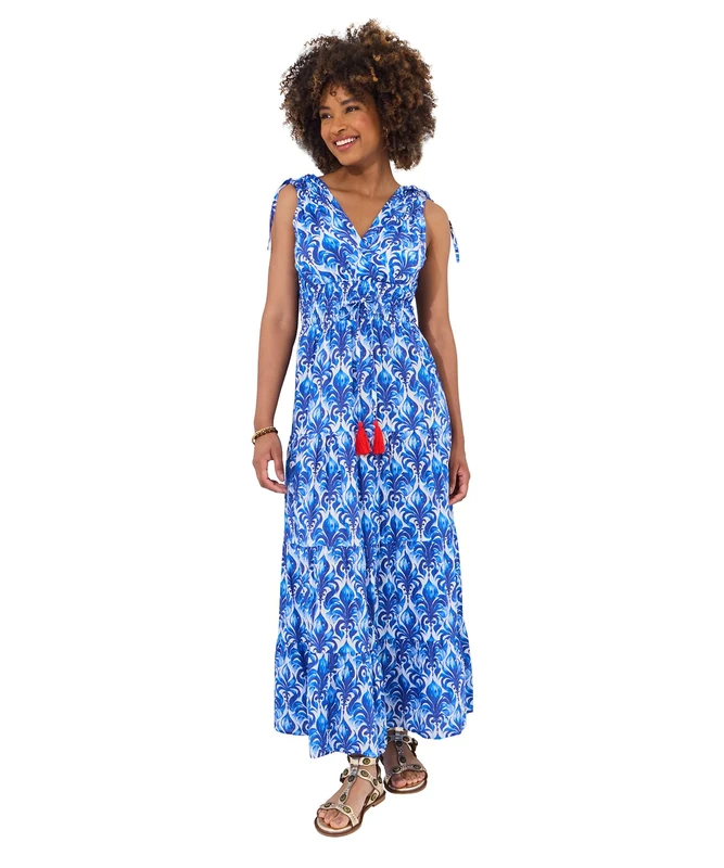 Joe Browns Women's Breezy Cotton Printed Tie Shoulder Maxi Dress, Blue, 14