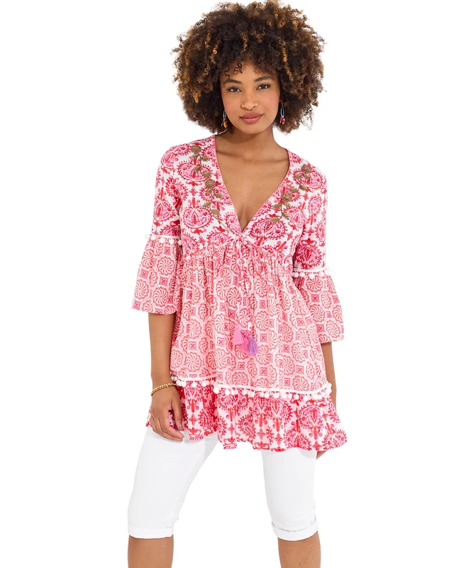 Joe Browns Women's Floral Print Tassel Trim Cotton Tunic Shirt, Pink, 16