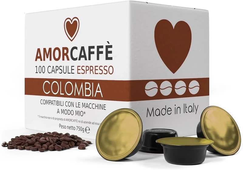 AMORCAFFÈ 100 Coffee Capsules Pods Compatible with Lavazza A Modo Mio, Colombia taste