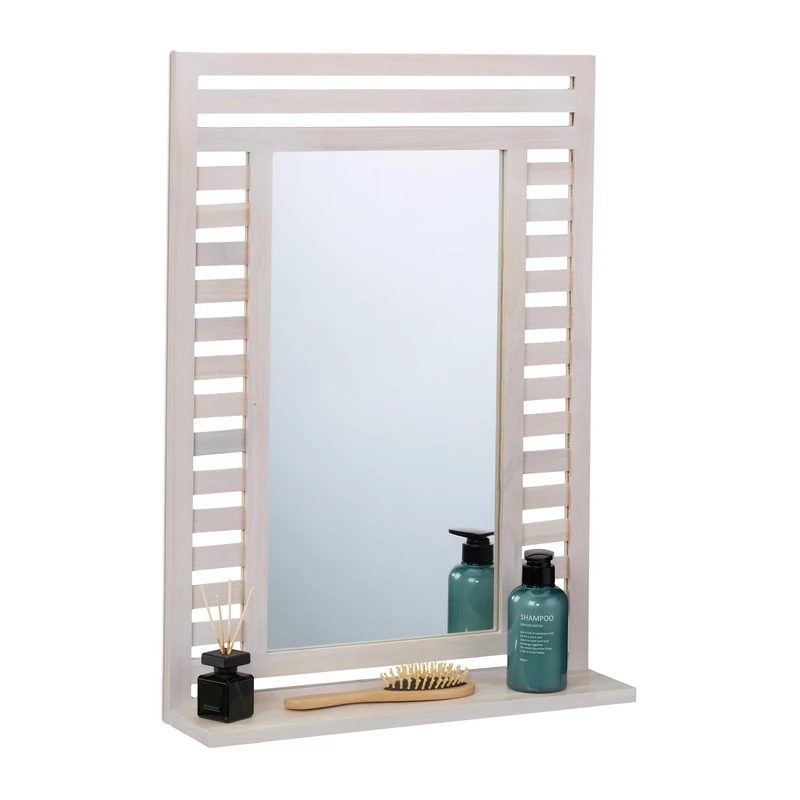 Relaxdays Bathroom Mirror, with Shelf, Wall Mounted, HxWxD: 70x50x12 cm, Walnut Wood Frame, for Toilet & Hallway, White, Glass