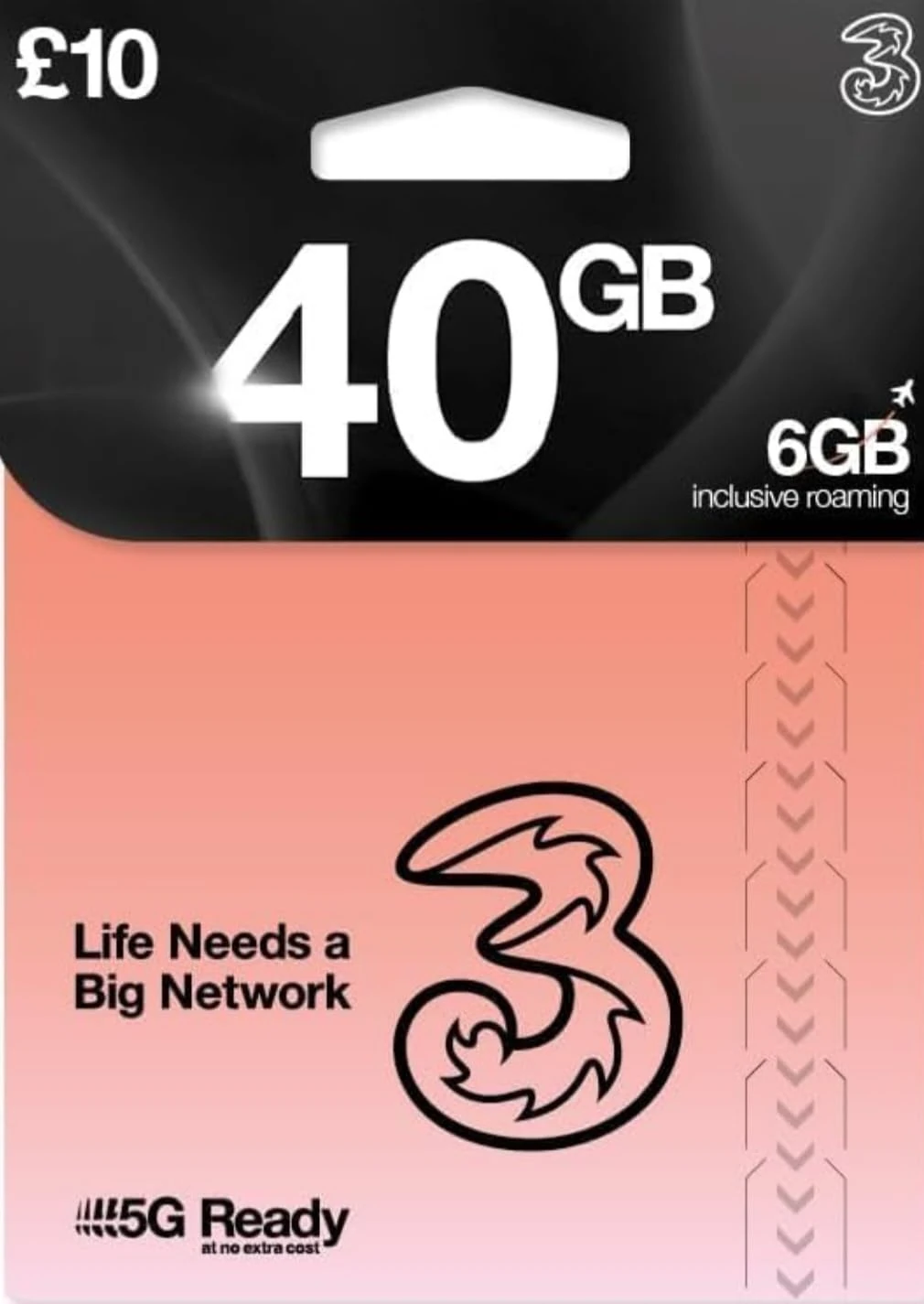 Three Pay As You Go Sim Card With 40GB of data and Unlimited Minutes/Texts