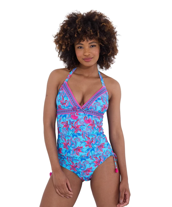 Joe Browns Women's Fashion Tropical Floral Halterneck Tankini Top, Blue, UK 14