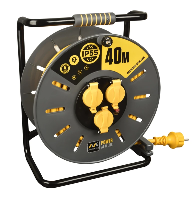 Masterplug Pro-XT Cable Reel 40 m, Extension Plug IP55, Electrical Extension 3 Schuko Outlets, Extension Professional Plug 3 x 2.5 mm2