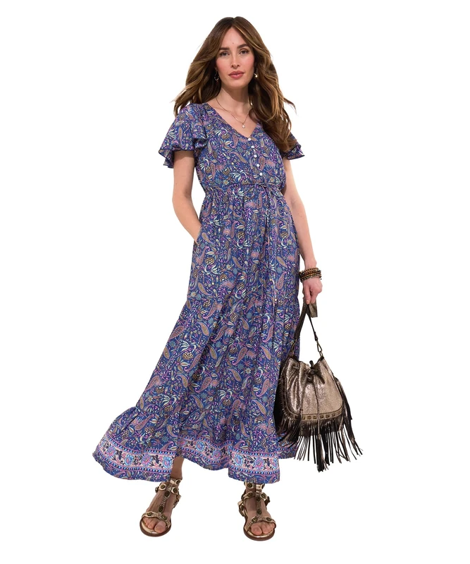 Joe Browns Women's Petite Fashion Boho Printed Frilly Sleeve Tiered Maxi Dress, Regular Fit, Blue, UK 16 Petite
