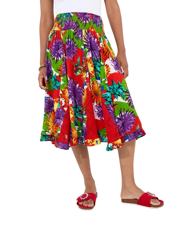 Joe Browns Women's Fashion Bright Floral Godet Panel Midi Skirt, Regular Fit, Red, UK 10