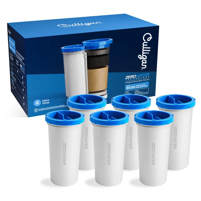 Culligan with ZeroWater Technology Replacement Filter 6-Pack, 5-Stage Advanced Water Filter – IAPMO Certified to Reduce Lead, Total PFAS (Forever Chemicals), Mercury, Fluoride, and Chlorine