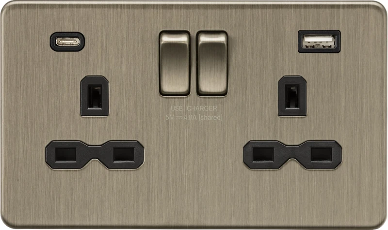 Knightsbridge 13A 2G SP Switched Socket with dual USB C+A 5V DC 4.0A [shared] - Antique Brass