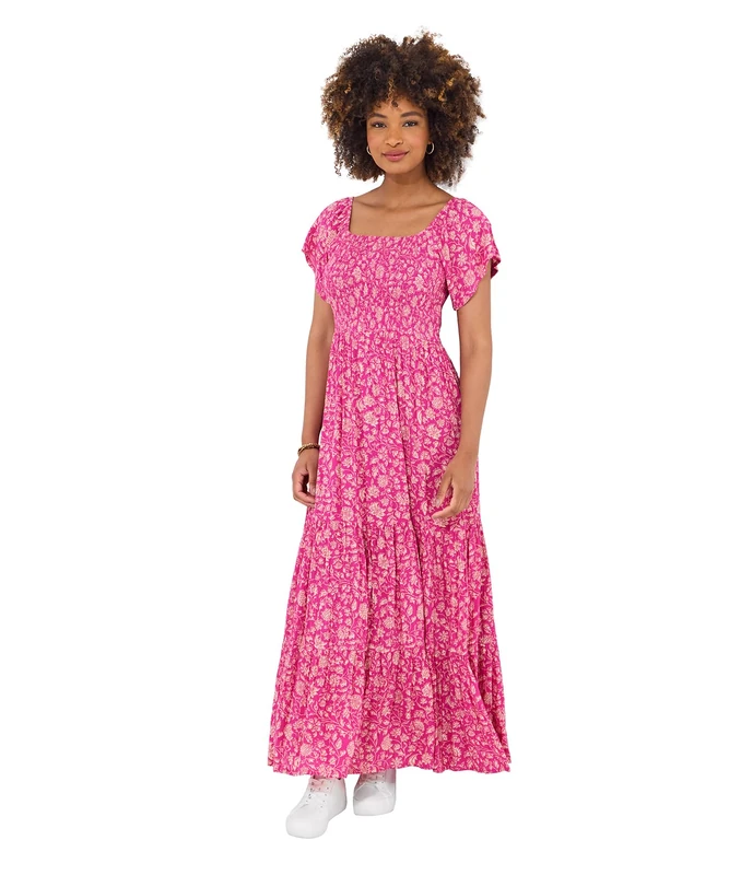 Joe Browns Women's Fashion Flattering Shirred Bodice Floral Maxi Dress, Regular Fit, Pink, UK 14