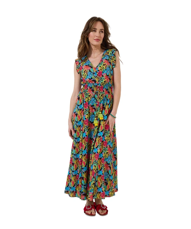 Joe Browns Women's Tropical Print V-Neck Tassel Sleeveless Maxi Dress, Black, 18