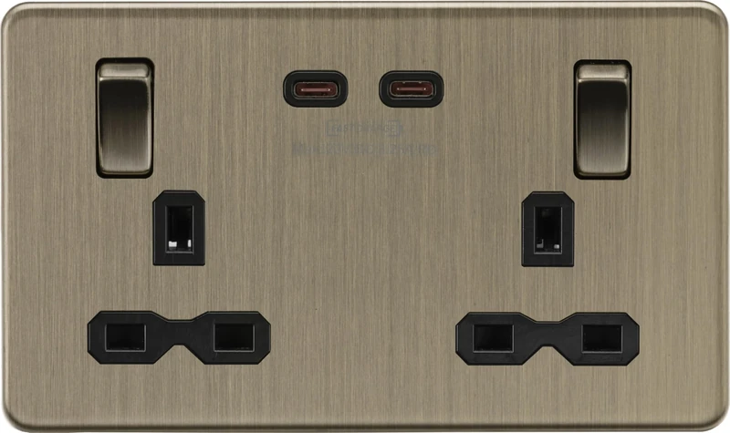 Knightsbridge 13A 2G DP Switched Socket with Dual USB-C [65W DUAL FASTCHARGE] - Antique Brass