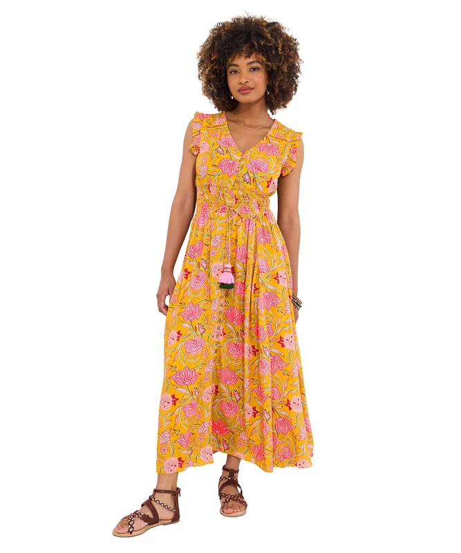 Joe Browns Women's Fashion Button Front Floral Print Tassel Maxi Dress, Regular Fit, Yellow, UK 14