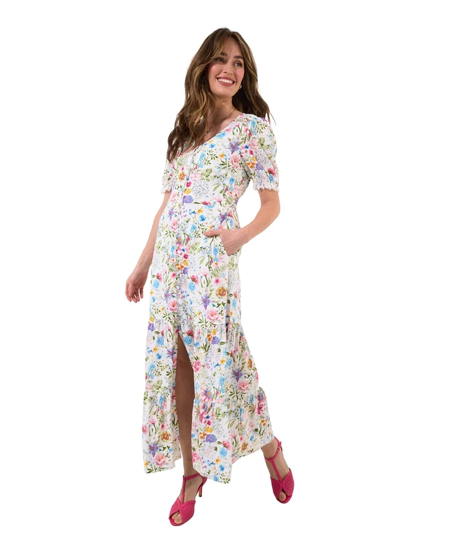 Joe Browns Women's Petite Fashion Vintage Lace Floral Print Maxi Dress, Regular Fit, White, UK 8 Petite