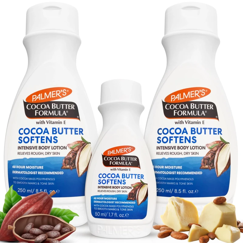 Palmers Cocoa Butter Moisturiser with Vitamin E - Body Lotion for Dry Skin - Suitable for Eczema - Dermatologist Recommended - Smoothes Marks, 48 Hour Moisture [2x250ml & 1x50ml Travel Size Bottle]