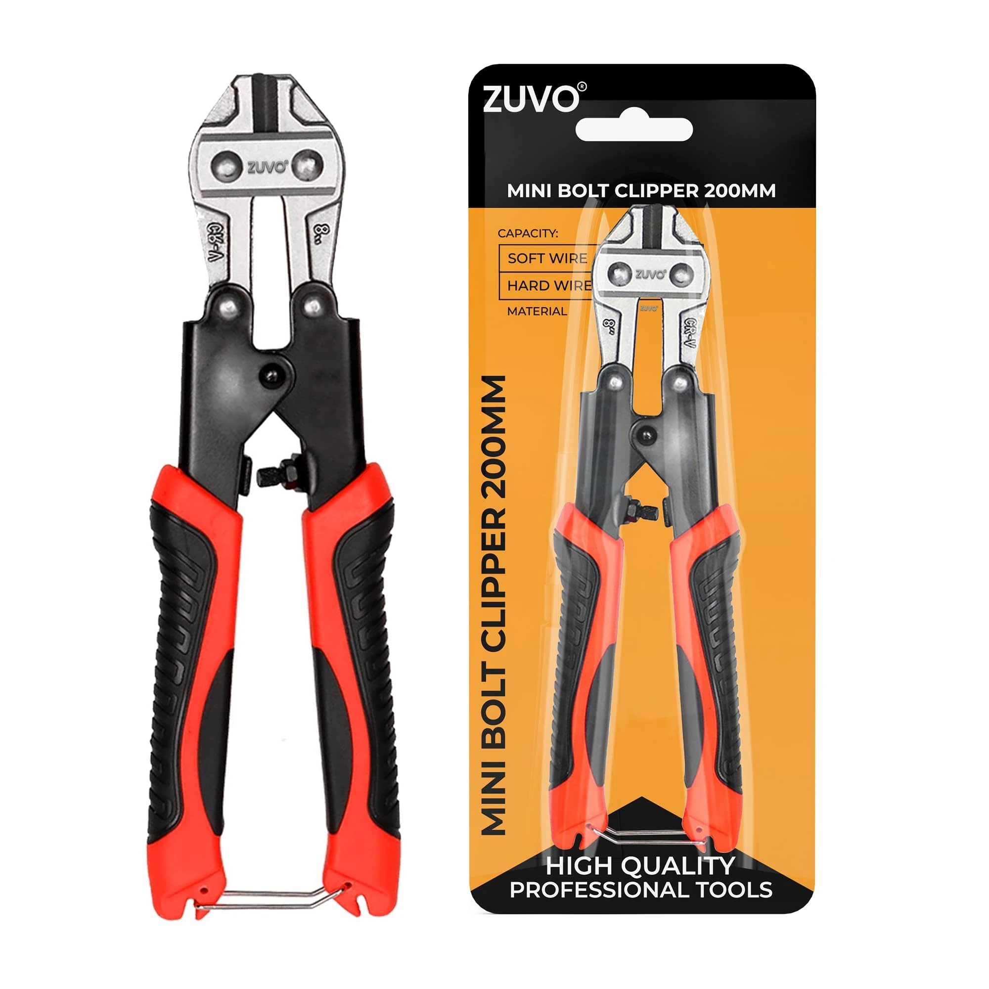ZUVO Mini Bolt Cutter 8-Inch – Heavy-Duty Cr-V Wire & Cable Cutter, High Hardness 65 HRC Compact Bolt Clipper with Spring-Loaded Anti-Slip Handles for Wires, Cables & Thin Bolts