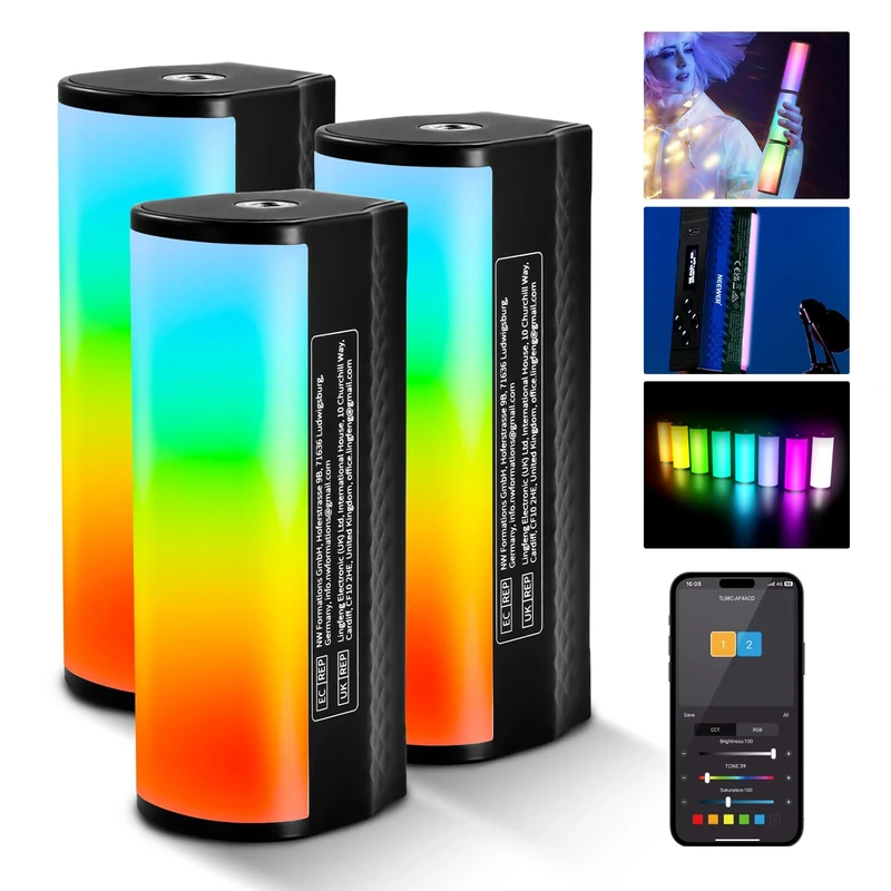 NEEWER 3PCS Pro Magnetic Handheld Light Wands, APP DMX Control/Custom Effects/Light Group, 360° Full RGB, 2600mAh 2500-10000K Dimmable CRI97 17 Scenes, Video Recording Photography LED Lighting, TL98C