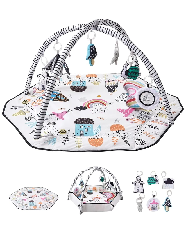 VEVOR Baby Play Gym Mat, Tummy Time Mat with 6 Detachable Sensory Toys, 41.7" x 41.7" Large-Sized Baby Newborn Activity Mat with Fold-up Sides & Soft Fabric for Sensory and Motor Skill Development