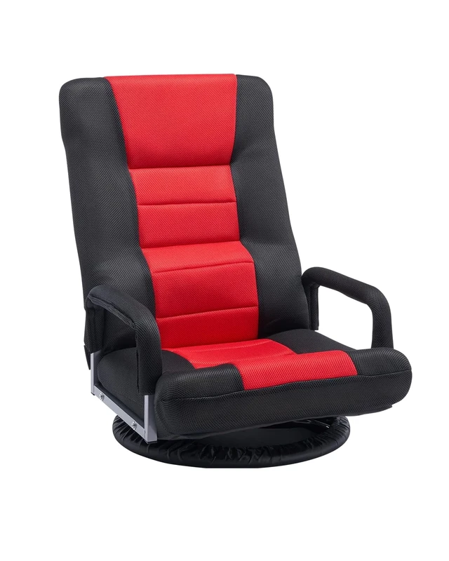 VEVOR Swivel Floor Gaming Chair with Armrests, 360-Degree Rotating Floor Chair with 6 Adjustable Position Folding Backrest and Lumbar Support, Folding Video Reclining Sofa for TV Reading, Red Black