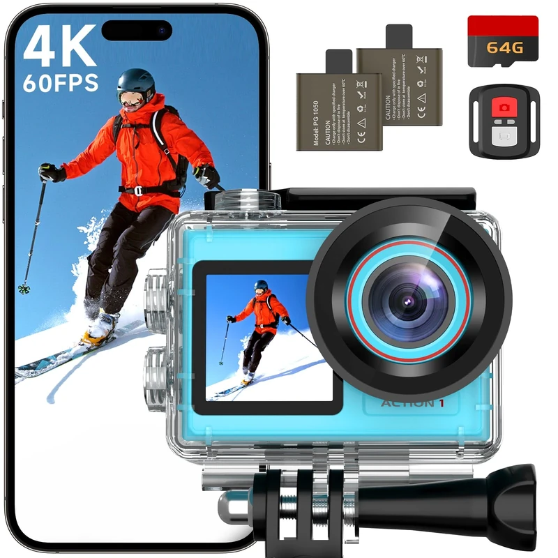 syndesmos Action Camera 4K 60FPS, Dual Touch Screen, 40M Ultra HD Underwater Camera, 30MP EIS Anti-Shake WiFi Action Cam with 64GB Card, Remote Control, Waterproof Case (Blue)