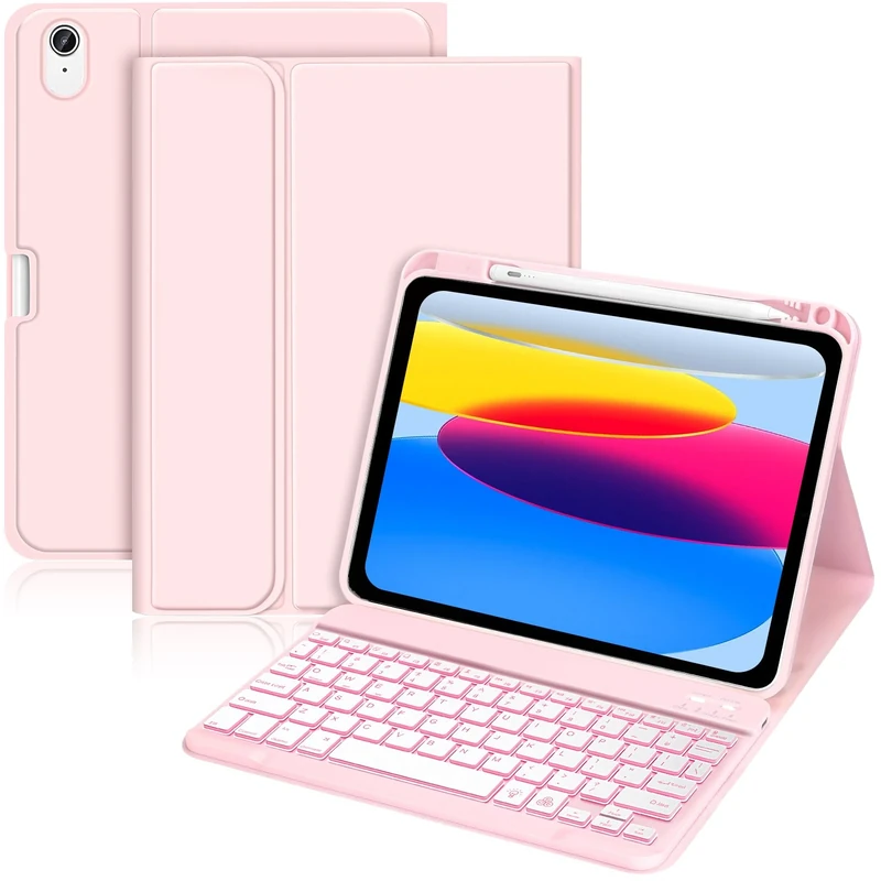 Palkitsee for iPad 11th 10th Generation Case with Keyboard - 7 Colors Backlit Wireless Detachable Folio Keyboard Cover with Pencil Holder for iPad 11-inch A16 2025 10th Gen 10.9 Inch 2022, Pink