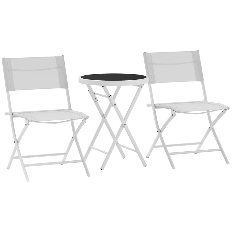 Outsunny 3 Pieces Outdoor Bistro Set, Glass Top Outdoor Table and 2 Folding Chairs, Garden Furniture Set with Protecting Feet, Metal Frame, Easy Clean, White