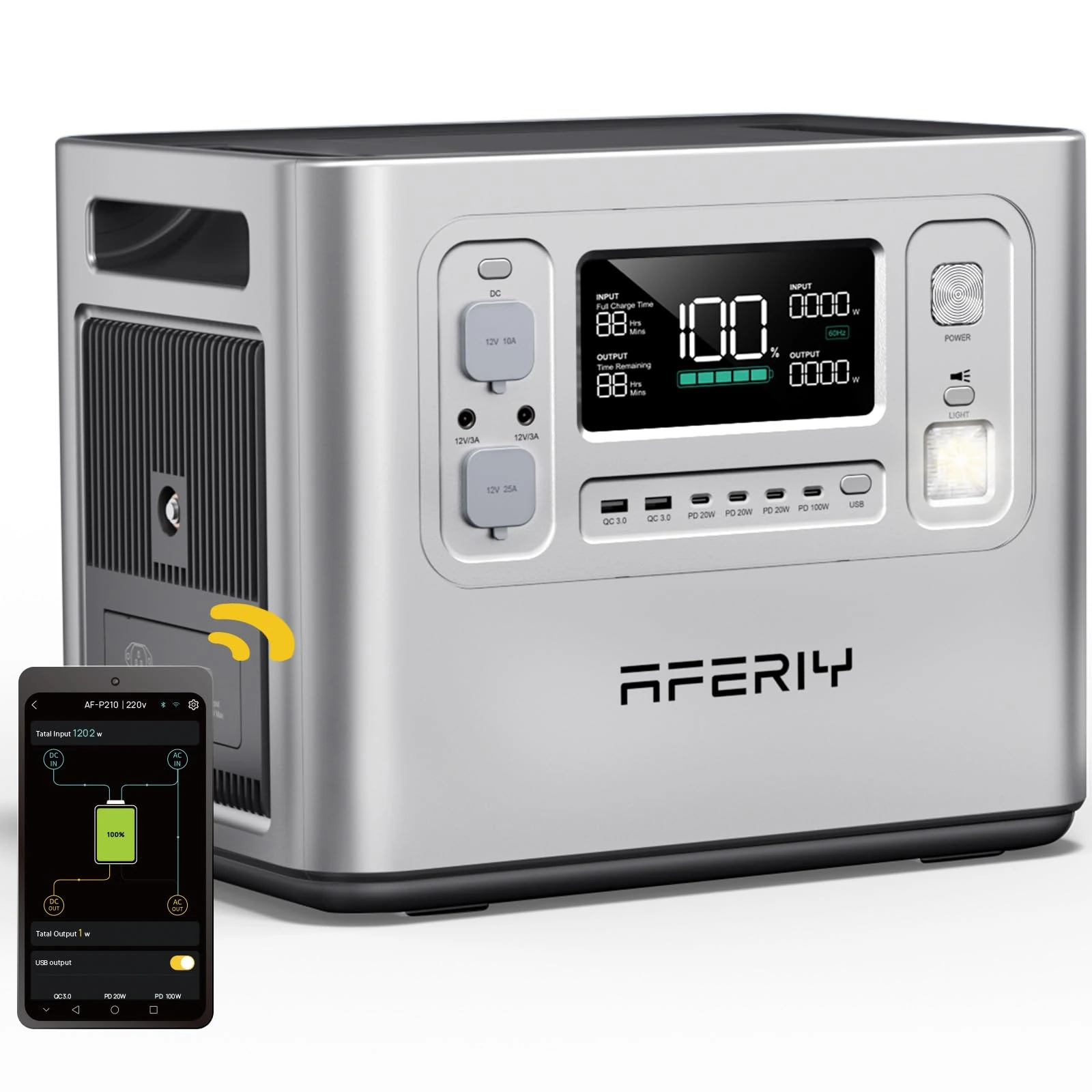 AFERIY 2400W 2048Wh Portable Power Station,13 Outputs Solar Generator Control Via App, LiFePO4 Battery Quick Charge in 1.5H, 240V AC Outlets for Home Emergency/Camping/RV, P210,Silver