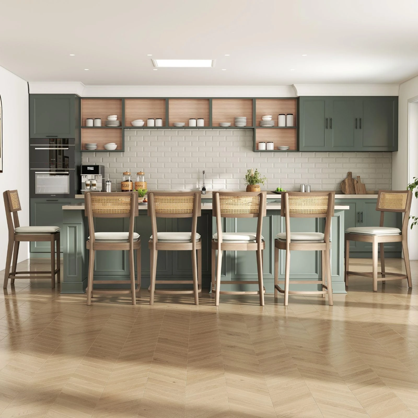 Hyfirm Set of 6 French Wooden Counter Height Bar Stools, 26" Rattan Barstools with Cane Back, Mid Century Modern Wicker Breakfast Chairs for Kitchen/Home Bar, Removable Linen Cushion, Brown