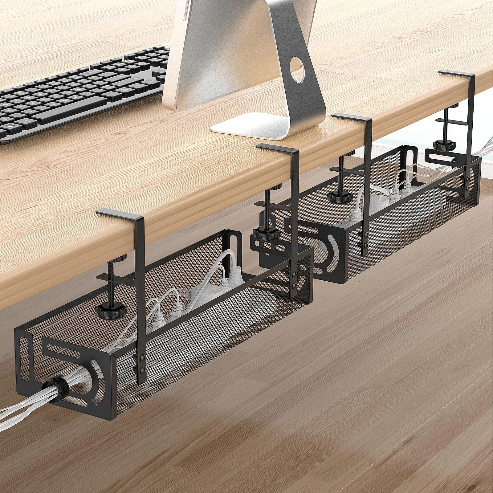 WUHUIXOZ 2-Piece Set 50CM Under Desk Cable Management Tray, Includes Non-Drill Desk Cable Basket for Extension Cord Storage and Screw-Free Neat Wire Organizer Clips, for Home, Office, Kitchen, etc.