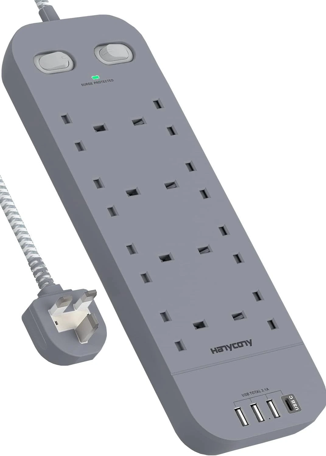 3M Extension Lead with 4 USB Slots, HANYCONY 8 Way Outlets Power Strip with 1800J Surge Protection, Double Switch Plug Extension with 10FT Braided Extension Cable for Home Office Accessories, Gray