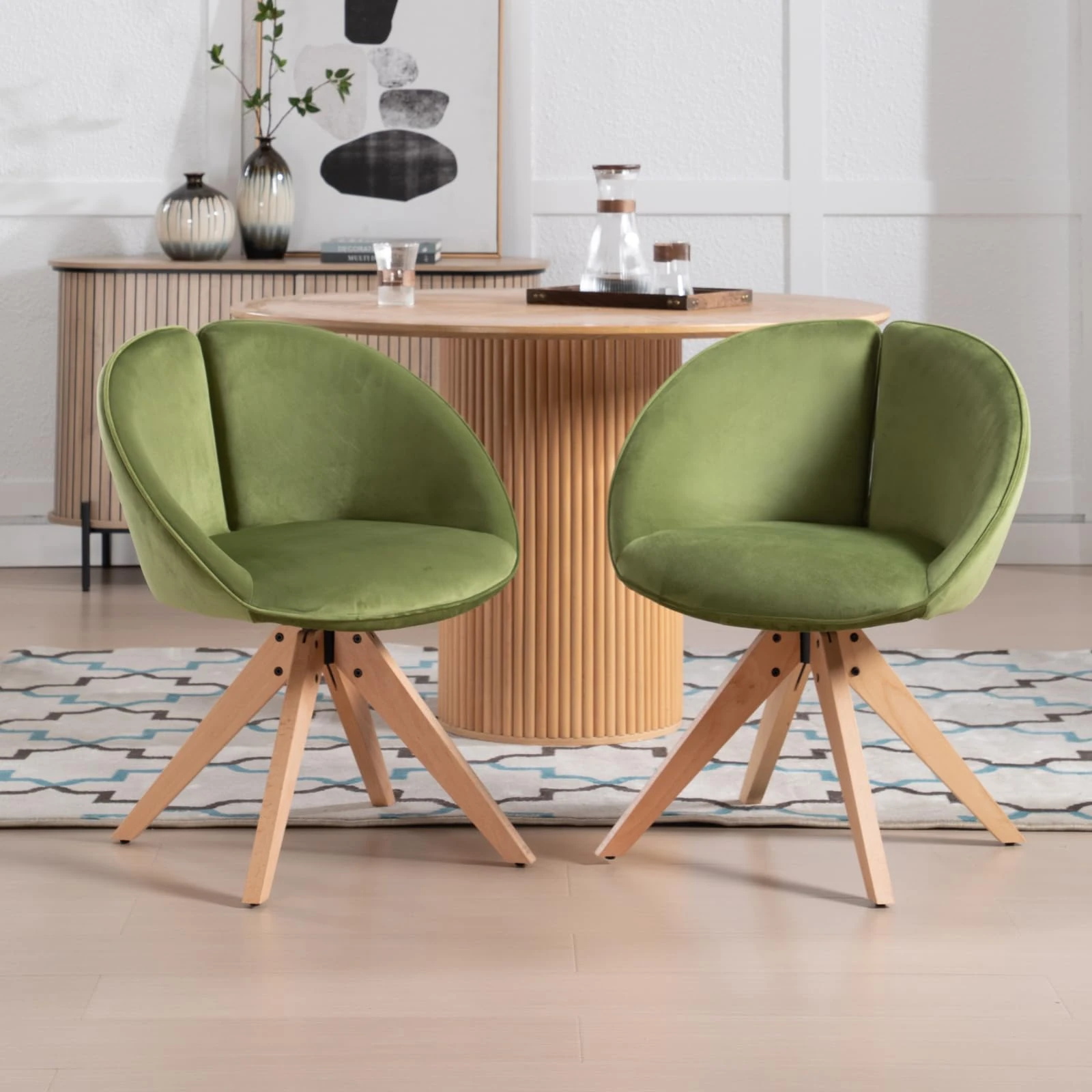 chaiurs Swivel Dining Chairs Set of 2 Velvet Kitchen Chairs with Wooden Lges, Upholstered Side Armchairs for Dining Room/Restaurant/Living Room, Green