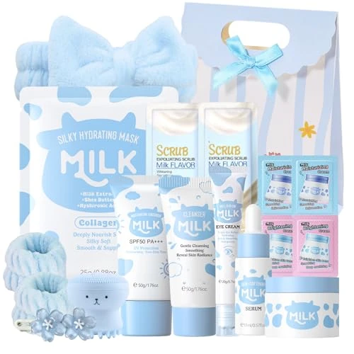 Milk Skincare for Teenage Girls Gifts - Beauty Milk Skin Care Sets & Kits - Nourish Facial Kits for Women with Cleanser,Serum,Cream,Eye Cream,Scrub,5pcs hair Accessories,Gift bag (18pcs)