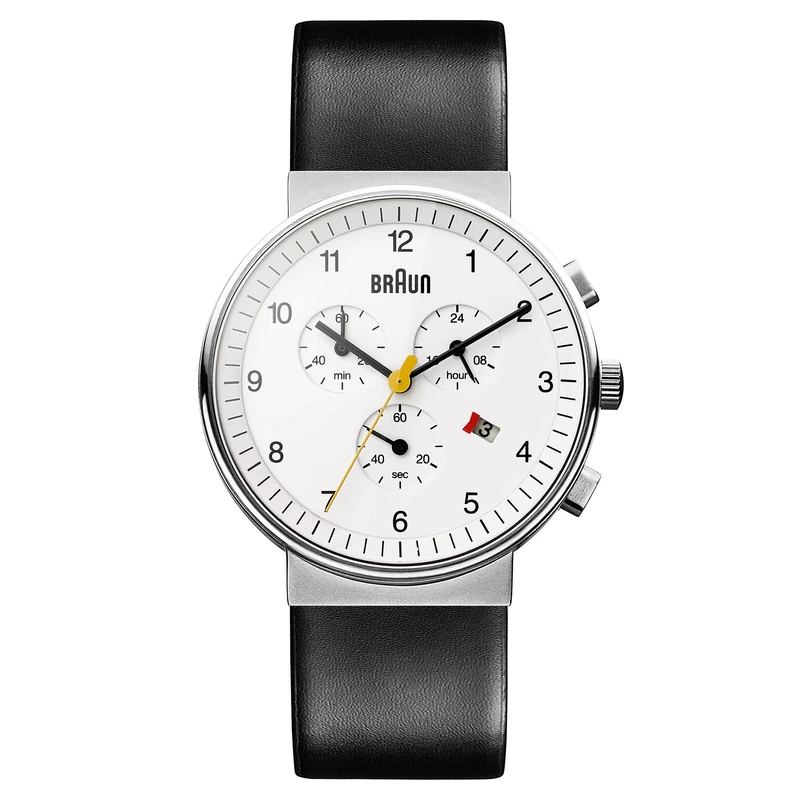 Braun Mens Chronograph with Date Analogue Quartz Watch, White Dial and Black Leather Strap, 40mm Stainless Steel Case, Model BN0035BWHBKG