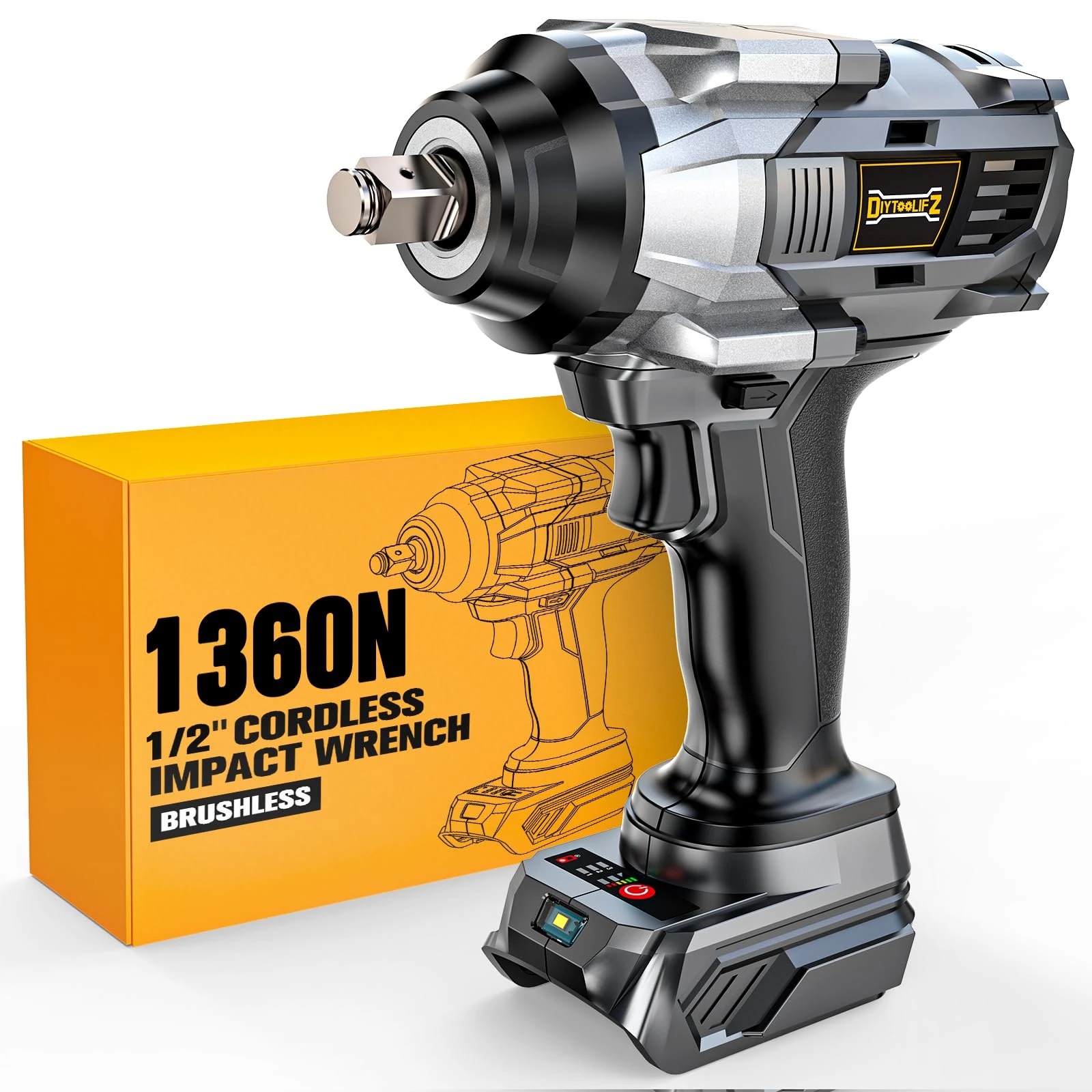 DIYtoolifz Cordless Impact Wrench 1/2” Compatible with Dewalt 20v Battery(Bare Tool), 1000FT-LBS High Torque Impact Driver, Electric Impact Gun with LED Work Light, Variable Speeds, 4-Speed Control