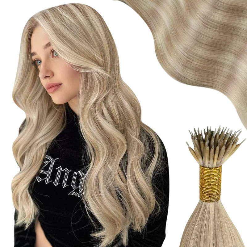 Moresoo Nano Beads Hair Extensions Dark Honey Blonde with Medium Blonde Nano Hair Extensions Real Human Hair 1g/s Cold Fusion 20 Inch Silky Straight 50G/Pack #P16/22
