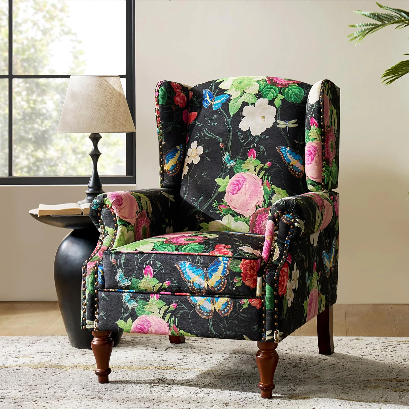 HULALA HOME Floral Fabric Armchair Pattern Wingback Design Roll Arm with Cutaway Sofa Rubber Wood Spindle Legs for Living Room, Black