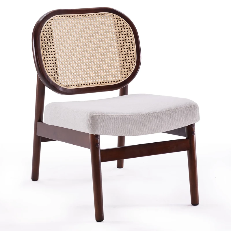 Sunon Accent Chair, Upholstered Vintage Chair with Breathable Rattan Backrest, Thickened Cushion, Wooden Modern Chair for Livingroom, Farmhouse, Kitchen Indoor, Beige