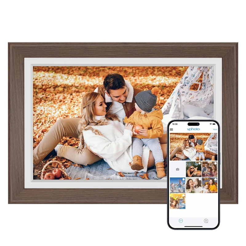 Dragon Touch Digital Picture Frame WiFi 10 inch IPS Touch Screen Digital Photo Frame Display, 32GB Storage, Auto-Rotate, Share Photos via App, Email, Cloud, Classic 10 Brown